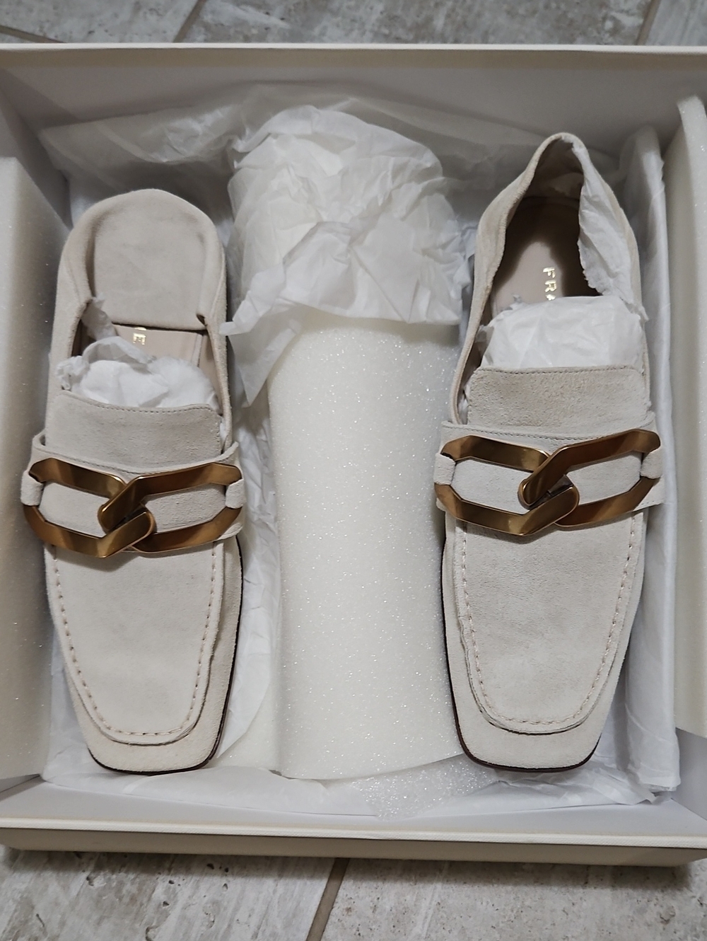 Frame Women's Cream Suede Loafers with Gold Chain Hardware